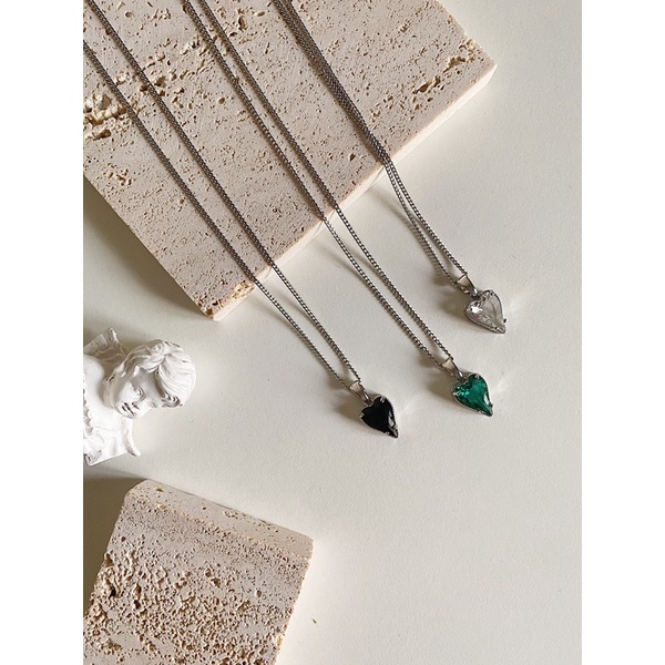 Dây mặt đá crystal heart necklace bản màu bạc KHÔNG ĐEN GỈ KÍCH ỨNG