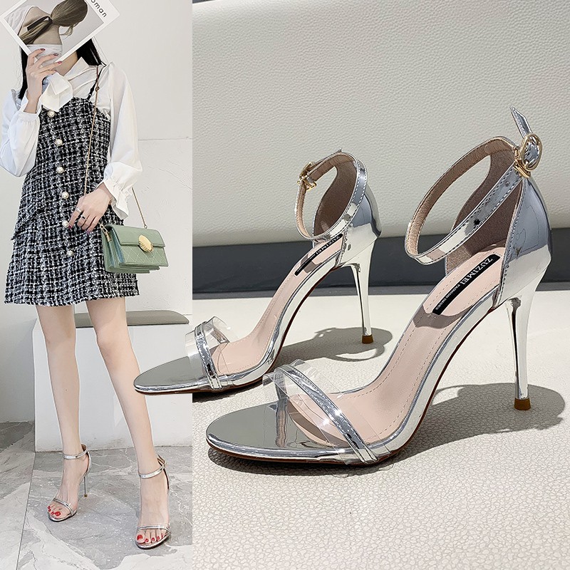 Simple black high heels female stiletto heel summer buckle sandals female open toe silver fairy styl