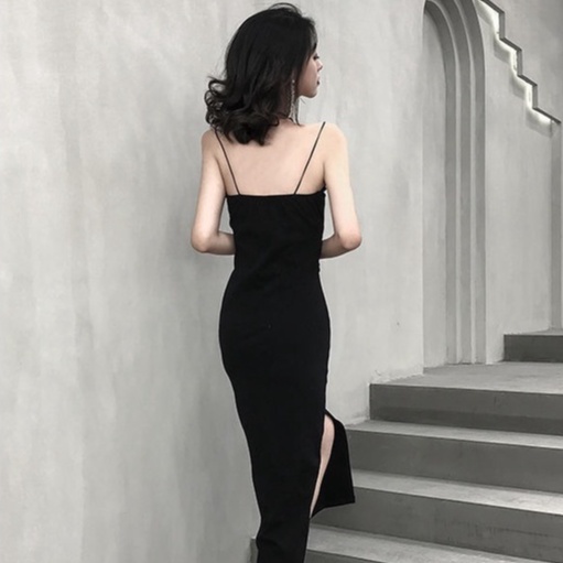 Đầm Hai Dây Dáng Dài Trễ Vai Màu Đen Thanh Lịch Quyến Rũ Cho Nữ