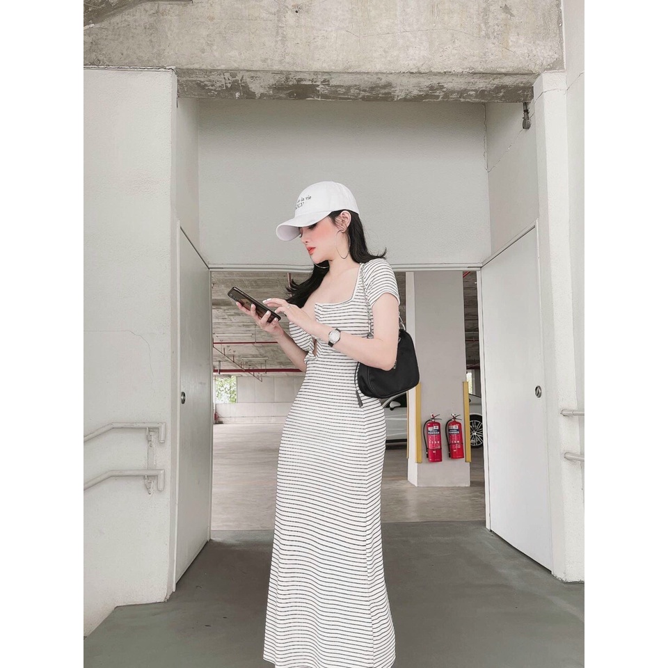 Đầm body sọc ngang dáng dài cổ U cài nút ly chất đẹp