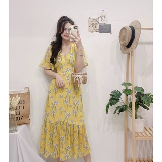 Đầm maxi nữ cổ V đuôi cá dáng dài phối hoa