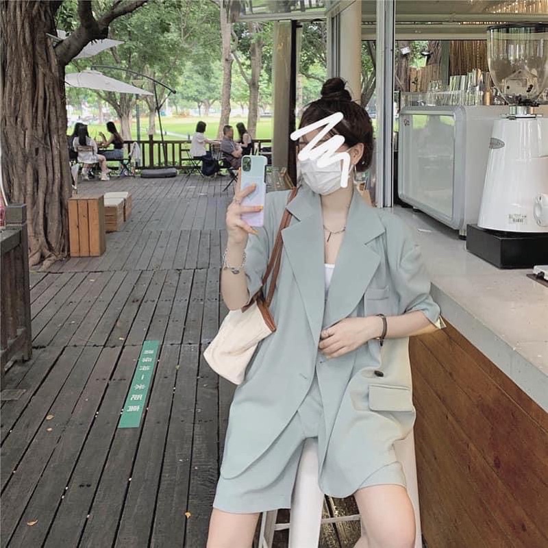 Set Sơ Mi Xanh Kèm Short Đũi LanTran Nữ [FREESHIP]  Bộ đồ học sinh form rộng tay lỡ kiểu đường phố hàn quốc Ulzzang