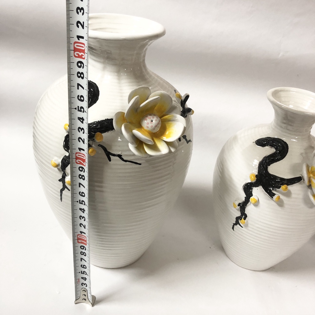 Lọ hoa gốm sứ trắng hoa nổi 3D to bát tràng họa tiết độc đáo freeship