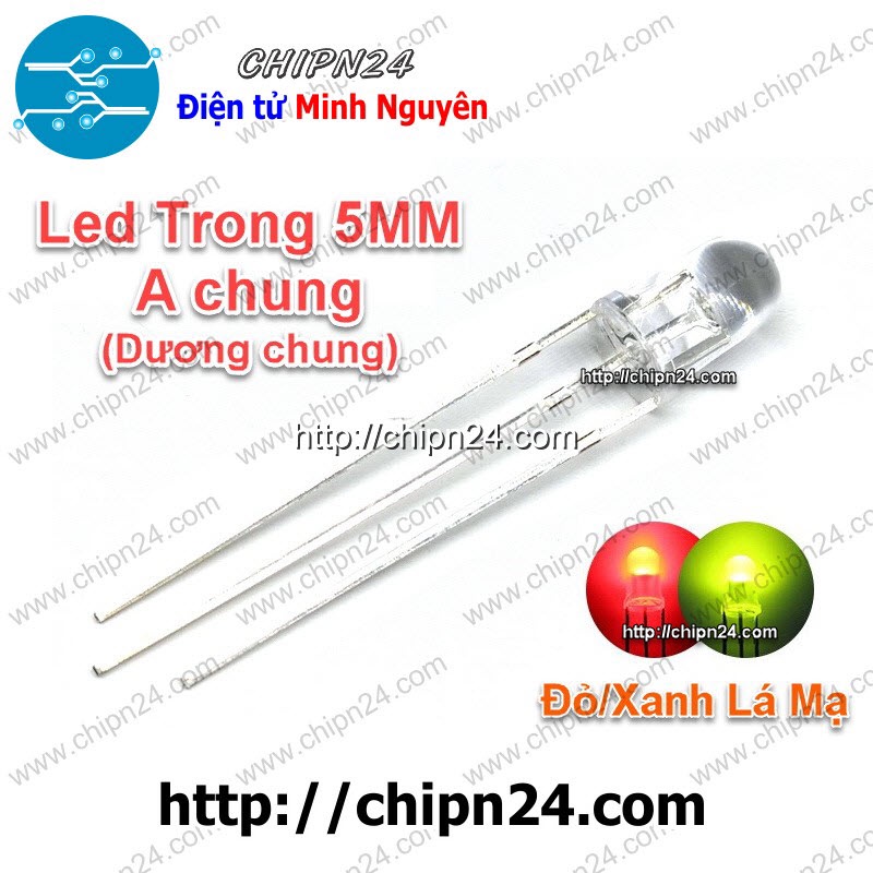 [25 CON] (TK1) Led 2 màu 3 chân 5MM Trong Dương chung (Đỏ/Xanh Lá Mạ)