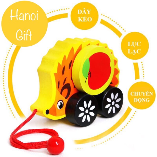 Xe kéo lục lạc hình nhím và ốc sên bằng gỗ cho bé