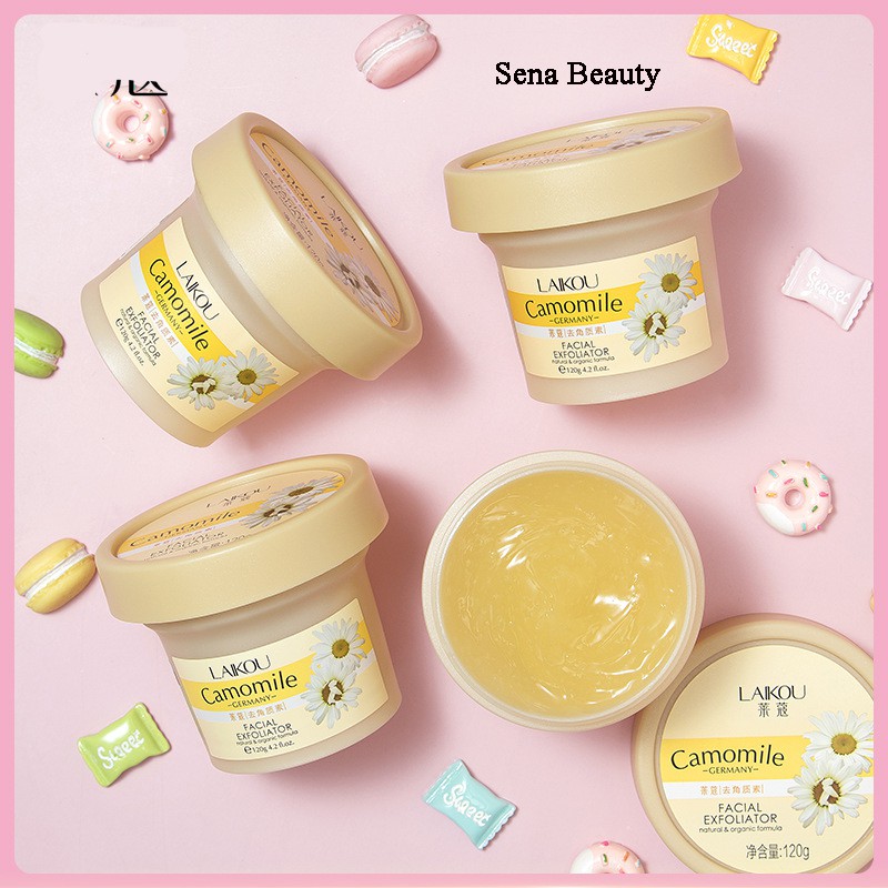 Một hũ tẩy da chết cho mặt hoa cúc Laikou Camomile Exfoliator 120G Senabeauty