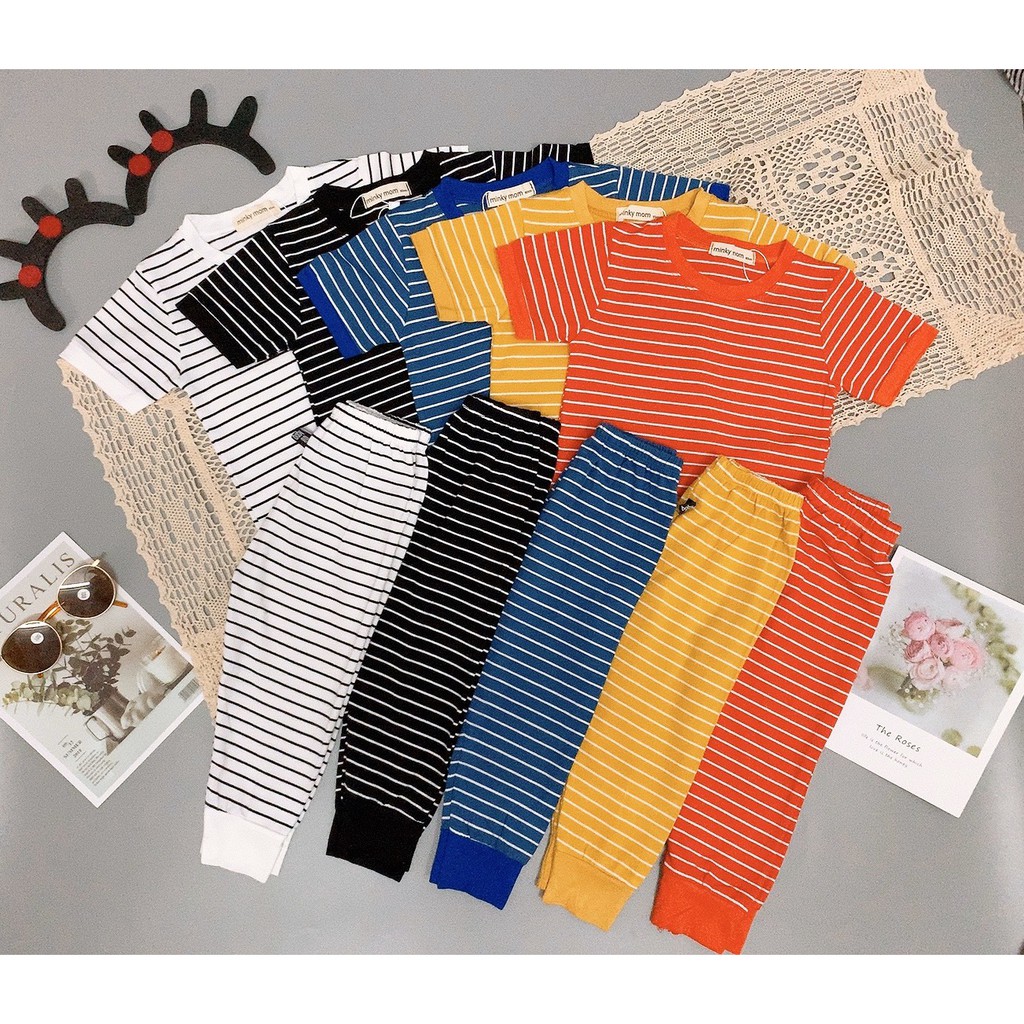 [SALE] Bộ Dài Tay Cho Bé Gái, Bé Trai Minky Mom Vải Thun Lạnh Họa Tiết Kẻ Ngang, Quần Áo Thu Đông Cho Bé MKMTD2107
