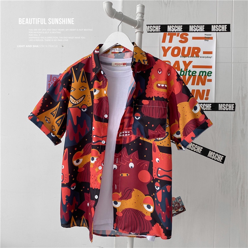 Hawaiian Korean style cartoon short-sleeved shirt summer 2021 men's size M-3XL