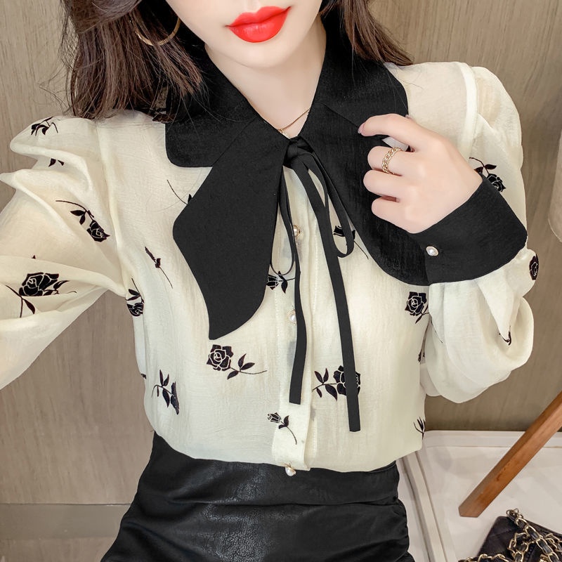 2022 autumn new bow collar Hepburn broken flower blouse feminine bubble long-sleeved chiffon bottomed shirt girl