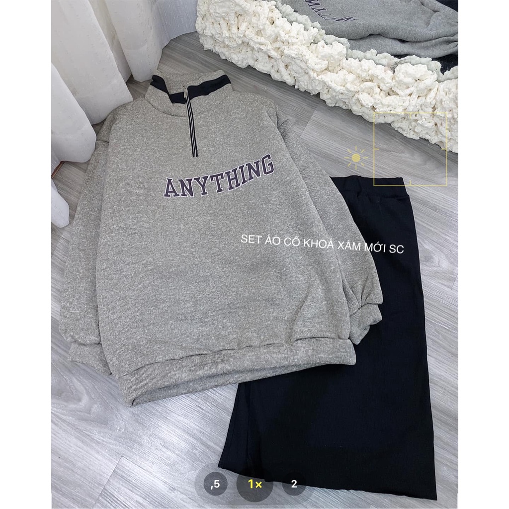 Set bộ đồ nữ áo nỉ zip cổ cao form rộng dài tay thu đông chân váy len chữ a cao cấp giá rẻ Anything Ulzzang