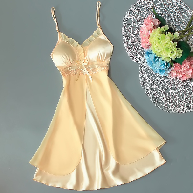 Đầm Ngủ Lụa Phối Ren Lưới Xuyên Thấu Gợi Cảm Cho Nữ