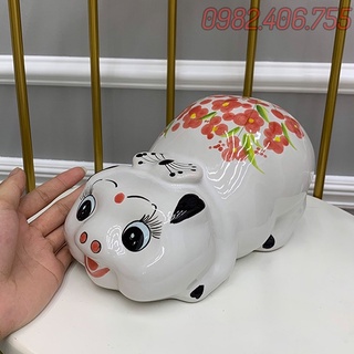 Ống heo đất tiết kiệm men sứ, con lợn đất đẹp hình heo nằm cute dễ thương có nắp khóa cài bên dưới