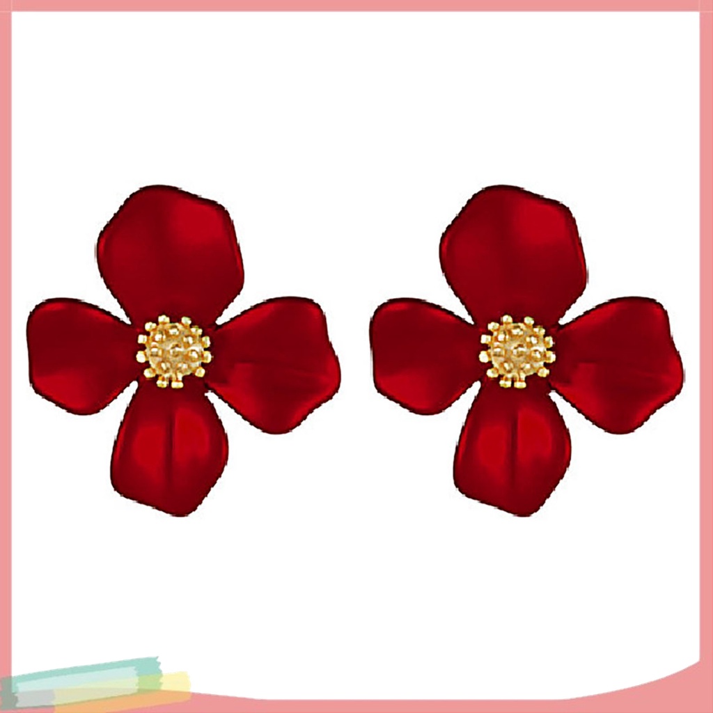 1 Đôi Bông Tai Hình Hoa Bốn Cánh Màu Đỏ Ngọt Ngào Dành Cho Nữ