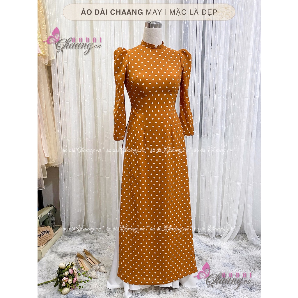 Áo Cài Chấm Bi Nâu Trắng Vai Bồng Truyền Thống May Sẵn Cổ Vuông Đẹp CBi132