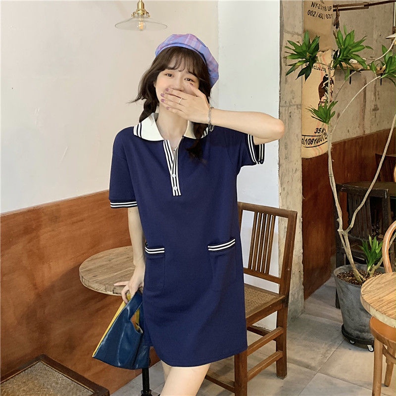 Đầm Thun Thể Thao Tay Ngắn Cổ Polo Phong Cách Hàn Quốc Mới