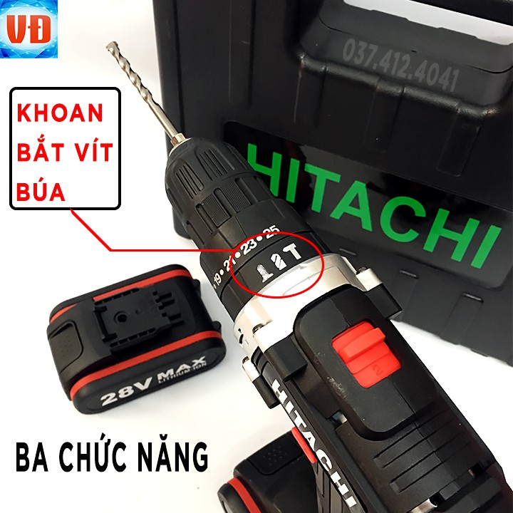 [Tặng bộ 22 món] KHOAN PIN HITACHI 28V 3 CHỨC NĂNG CÓ BÚA - KHOAN TƯỜNG, GỖ, BẮT VÍT, BẮN TÔN - LÕI ĐỒNG - PIN 5 CELL