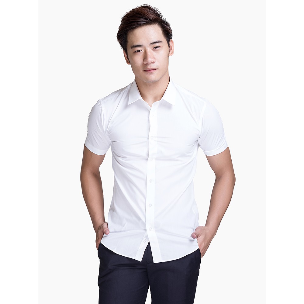 Áo sơ mi nam Cộc Tay Trắng dáng body Hàn Quốc không nhăn, Áo sơ mi nam Ngắn Tay Trắng