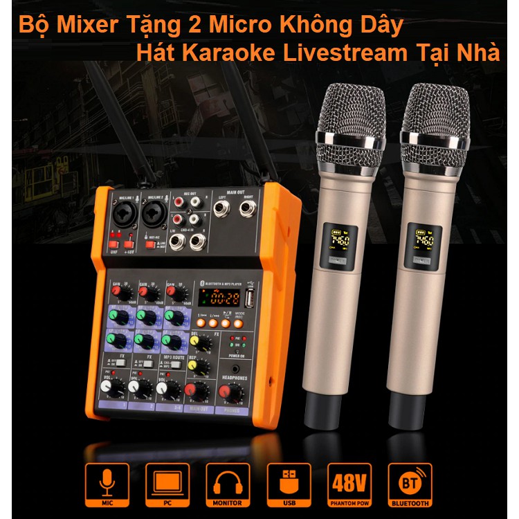 Bàn Mixer G4 live stream được hỗ trợ màn hình LED có bluetooth kiêm 2 mic không dây tiện cho oto loa kéo và các loa khác