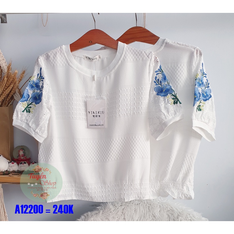 Áo xô dập về mẫu tay ngắn thêu hoa mới