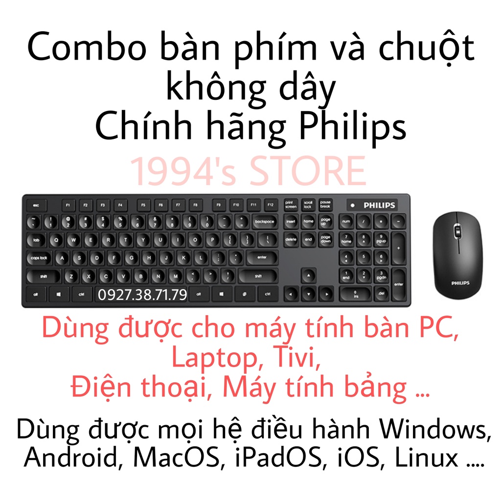 PHILIPS SPT6315 - Combo bàn phím và chuột không dây, không phát âm thanh khi gõ chống thấm nước - Dùng PC, Laptop, Tivi