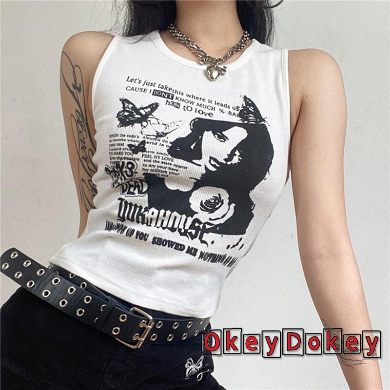 Áo Croptop Sát Nách Cổ Tròn In Chữ Thời Trang Mùa Hè Cho Nữ Y2K