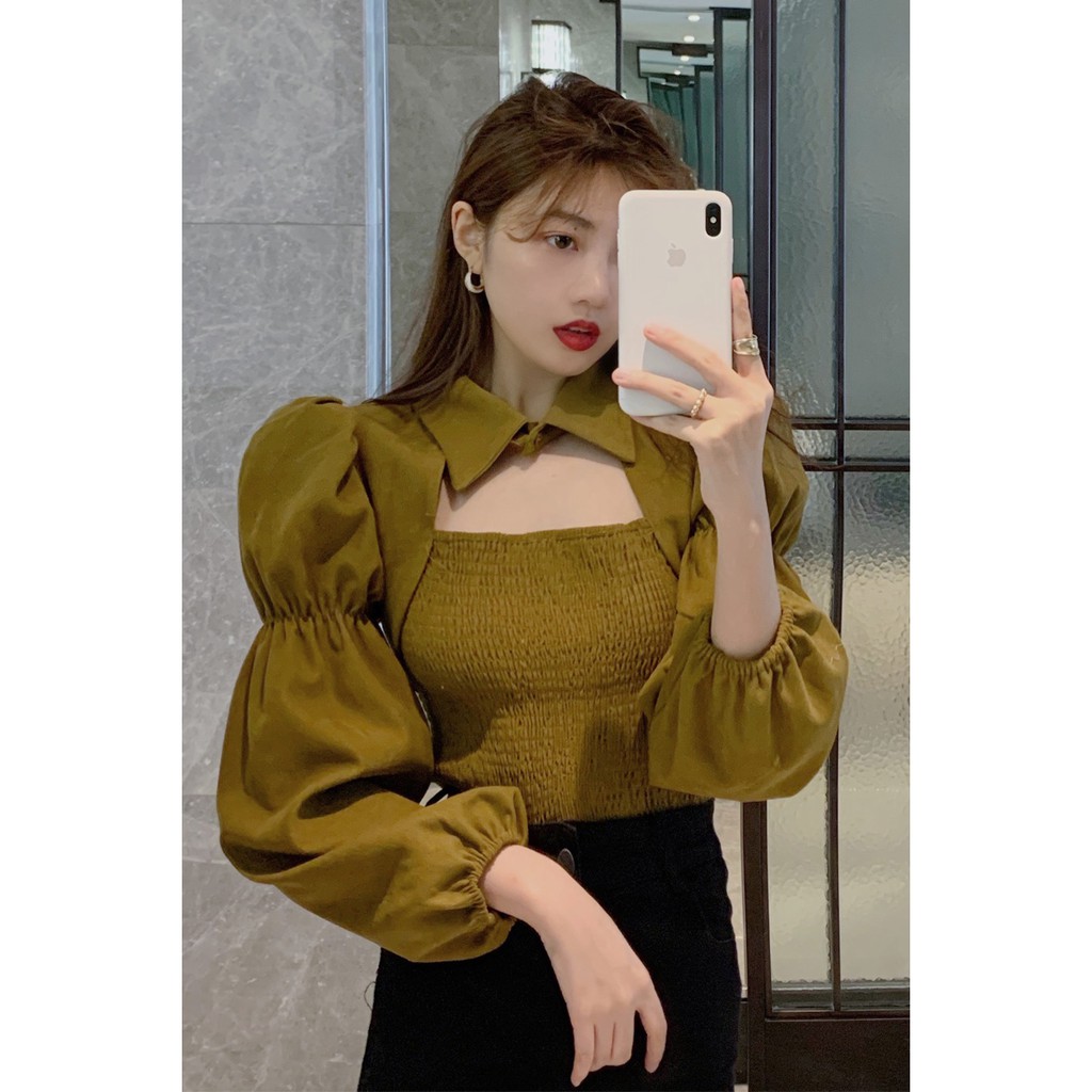 (Hàng có sẵn) Áo sơ mi tay bồng nhún bèo cut-out