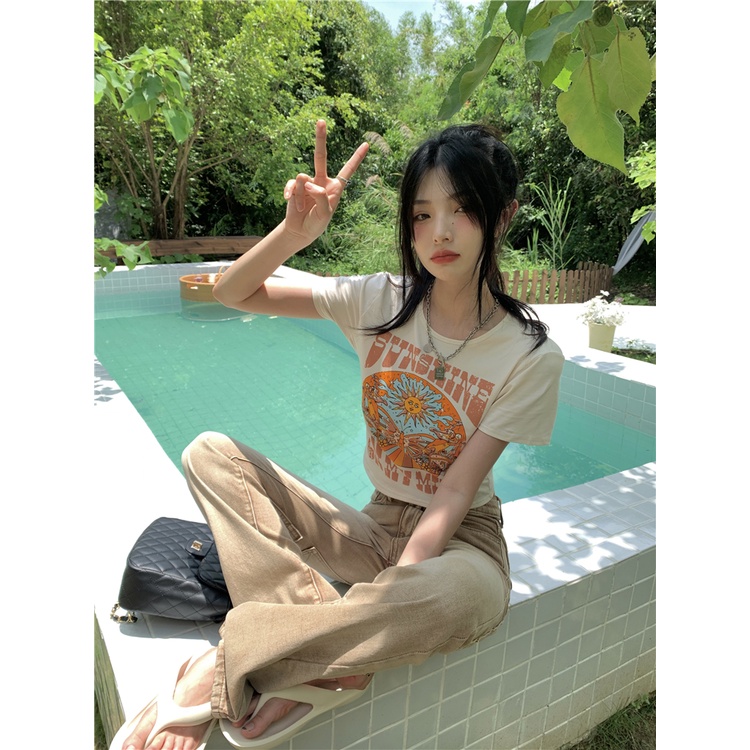 Áo Thun Ngắn Tay In Họa Tiết Phong Cách retro Mỹ Cho Nữ