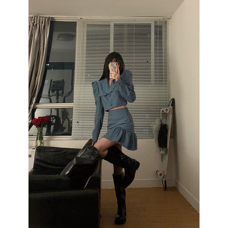 ♟○❉Set áo thun ngắn tay + chân váy lưng cao phong cách Hàn Quốc thời trang mùa thu 2021