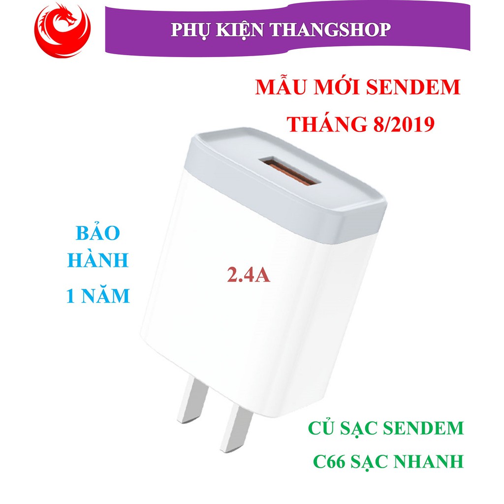 Củ sạc, Bộ sạc SENDEM C66 sạc nhanh an toàn cho điện thoại Iphone, Android - Bảo hành 1 năm