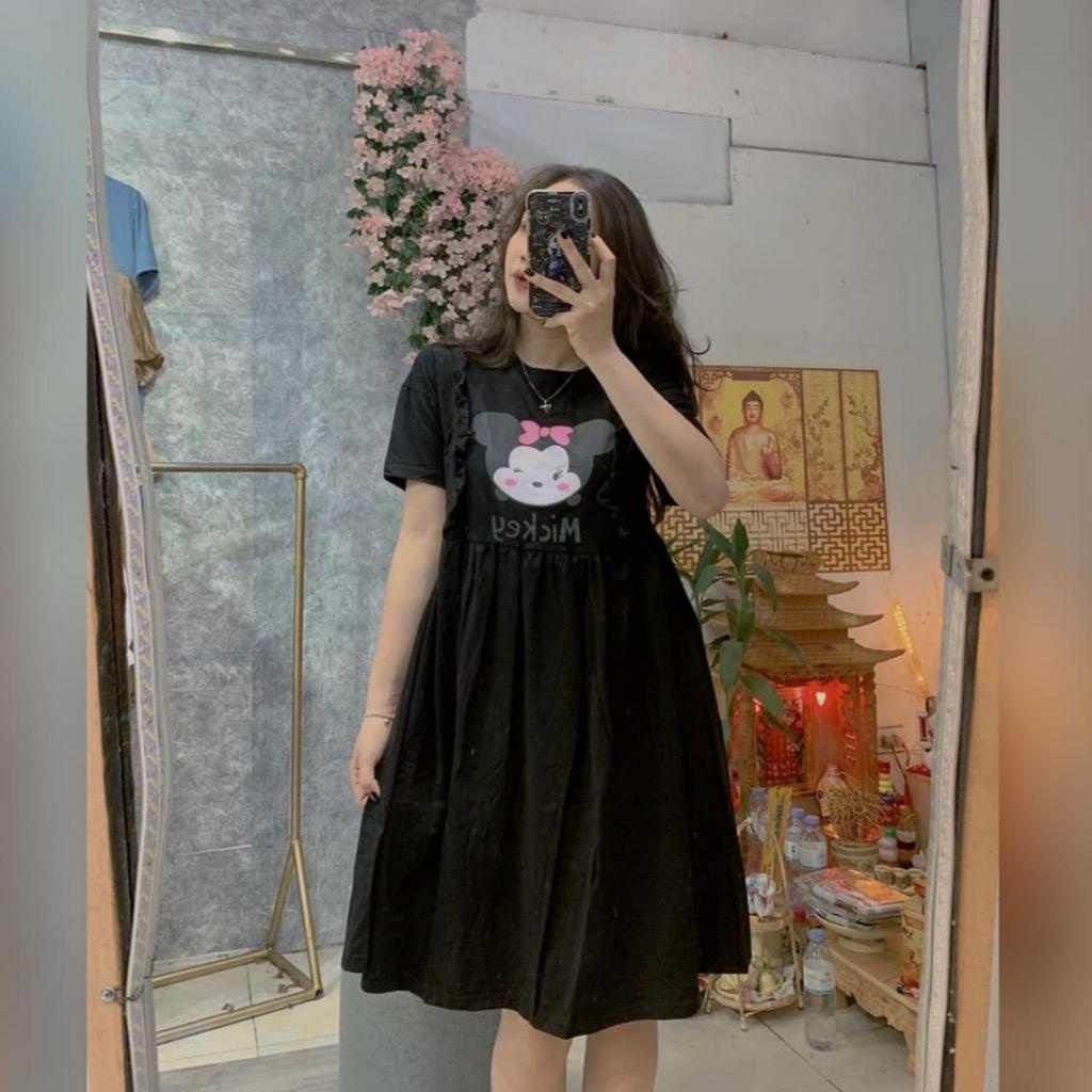 Đầm Bầu Váy Bầu Mùa Hè Dáng Babydoll Chất Cotton In Hình Mickey Dễ Thương Xinh Xắn Vái Mát HD2945 Honey Mommy
