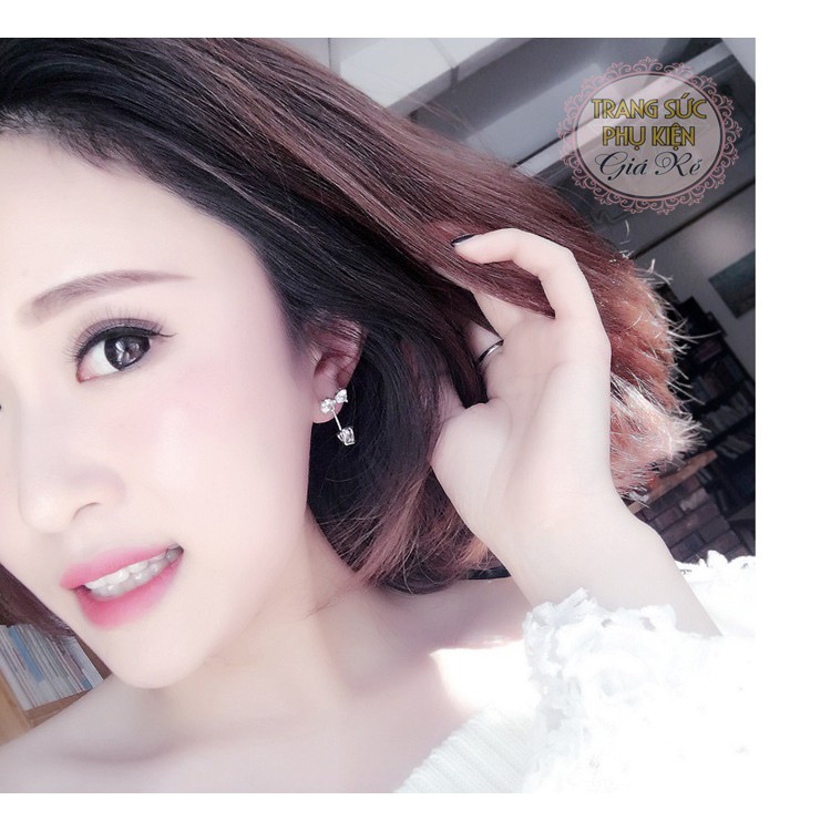 Bông tai nữ bạc Ý S925 thời trang Hàn Quốc hình nơ và trái tim nhỏ xinh HT142