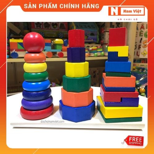 Xếp chồng tháp 3 cọc đồ chơi gỗ Montessori