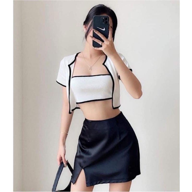 Set áo croptop tay ngắn kèm áo quây ngực nữ chạy viền chất thun mềm mát - VIETCEN