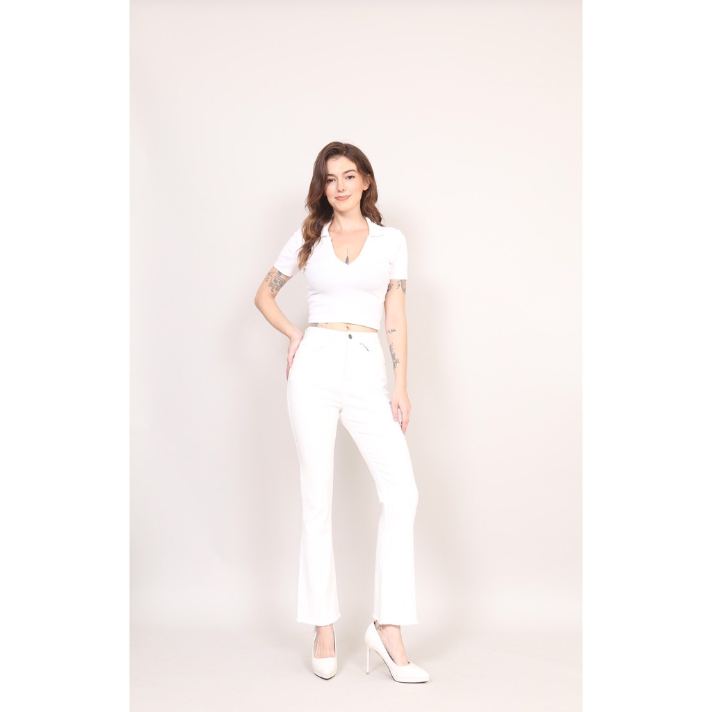 Quần Jeans Nữ Ống Loe Cạp Cao Co Giãn Đen Trắng Trơn Gấu Tua CT Jeans | BigBuy360 - bigbuy360.vn