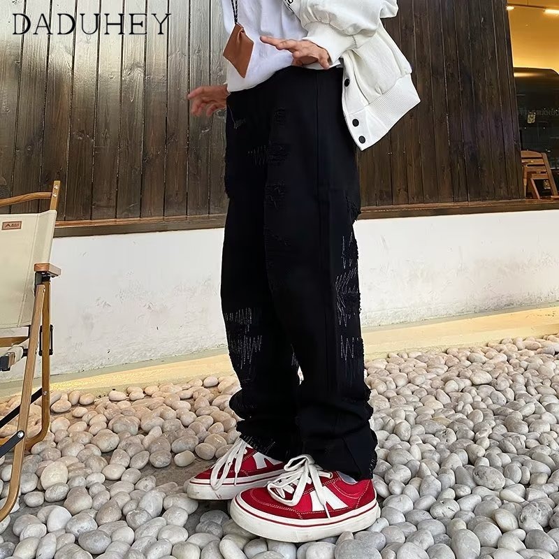 DaDuHey Men's Summer New 2022 Hong Kong Style Fashion Casual Pants Hip Hop Cool Ins Trendy High Street Fashionable Jeans