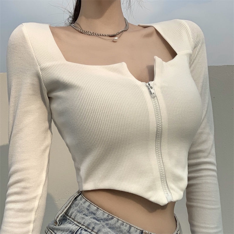 Áo thun dáng Tay Dài Cổ Vuông Phối Khóa Kéo Quyến Rũ Thời Trang Cho Nữ Croptop