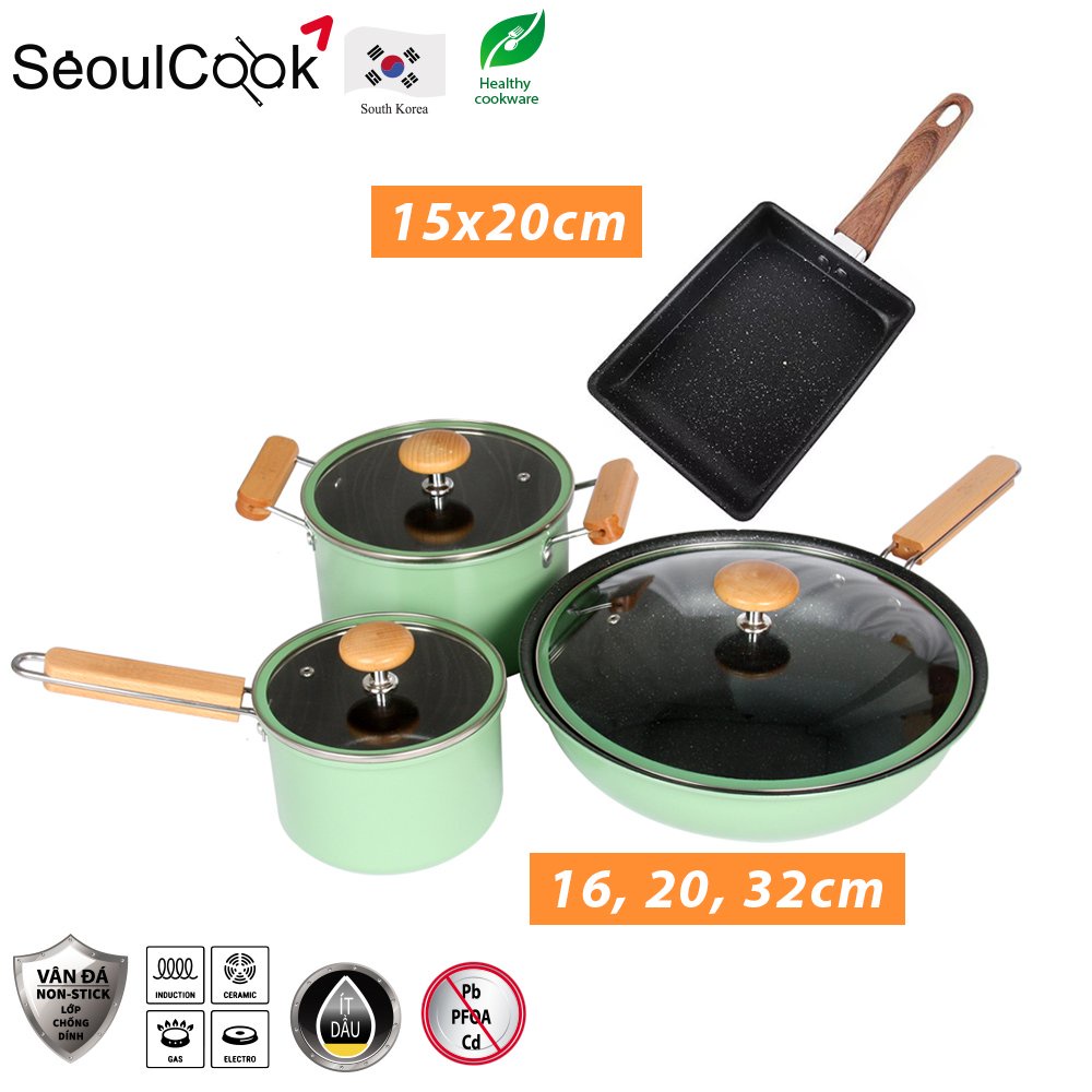 ( Tặng Kem nền BB Hàn Quốc )Combo 4 món quánh 16cm+nồi 20cm+chảo sâu lòng 32cm+chảo vuông 15x20cm Seoulcook