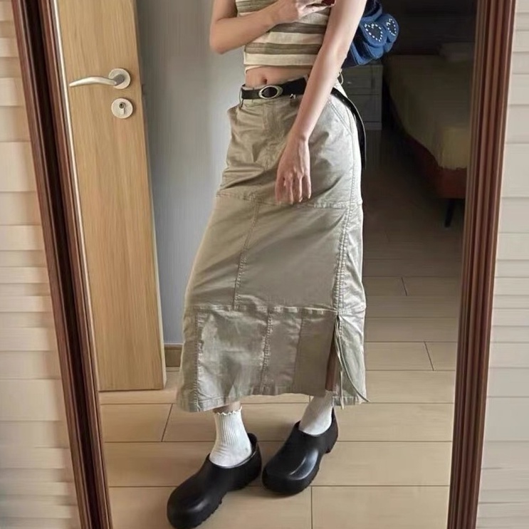 QKOOLE Chân váy  dáng chữ A lưng cao xẻ tà phong cách Hàn Quốc thời trang cho nữ