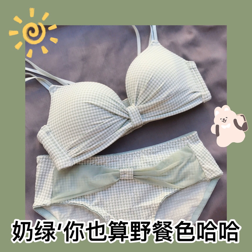 Bộ Đồ Lót Không Gọng Thép Họa Tiết Caro Sau Lưng Phong Cách Nhật Bản Dành Cho Nữ