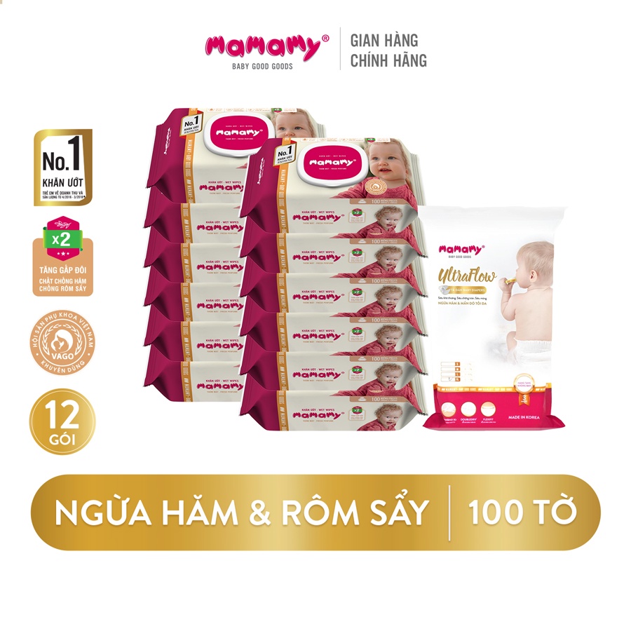 Combo 12 gói khăn ướt Mamamy 100 tờ/gói không mùi và 1 gói 3 miếng tã dán đủ size S54 M46 L42 XL36
