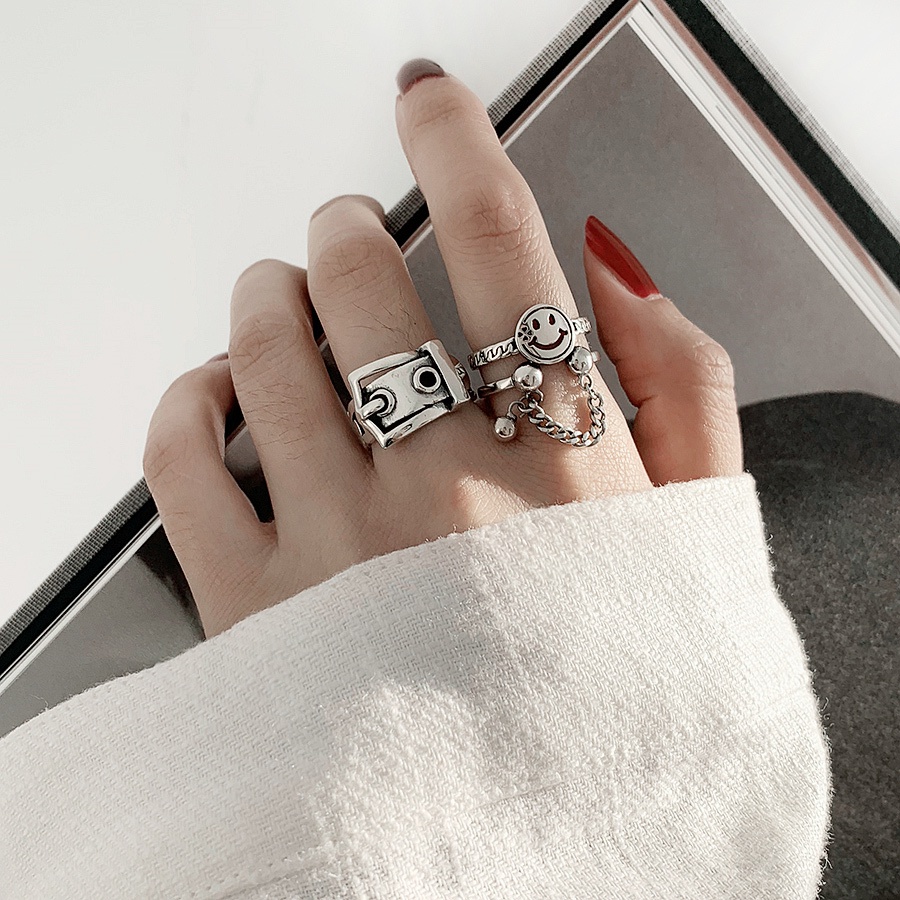 Nhẫn Hình Mặt Cười Phối Dây Xích Thiết Kế Đơn Giản Thời Trang Cá Tính