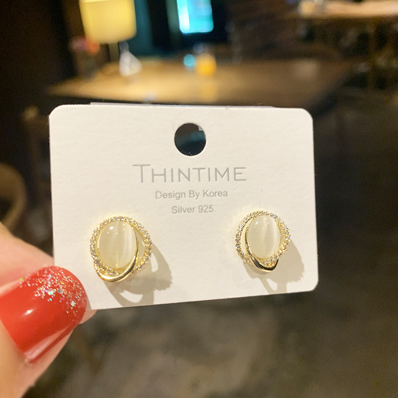 Bông tai bằng bạc S925 đính đá opal Hàn Quốc