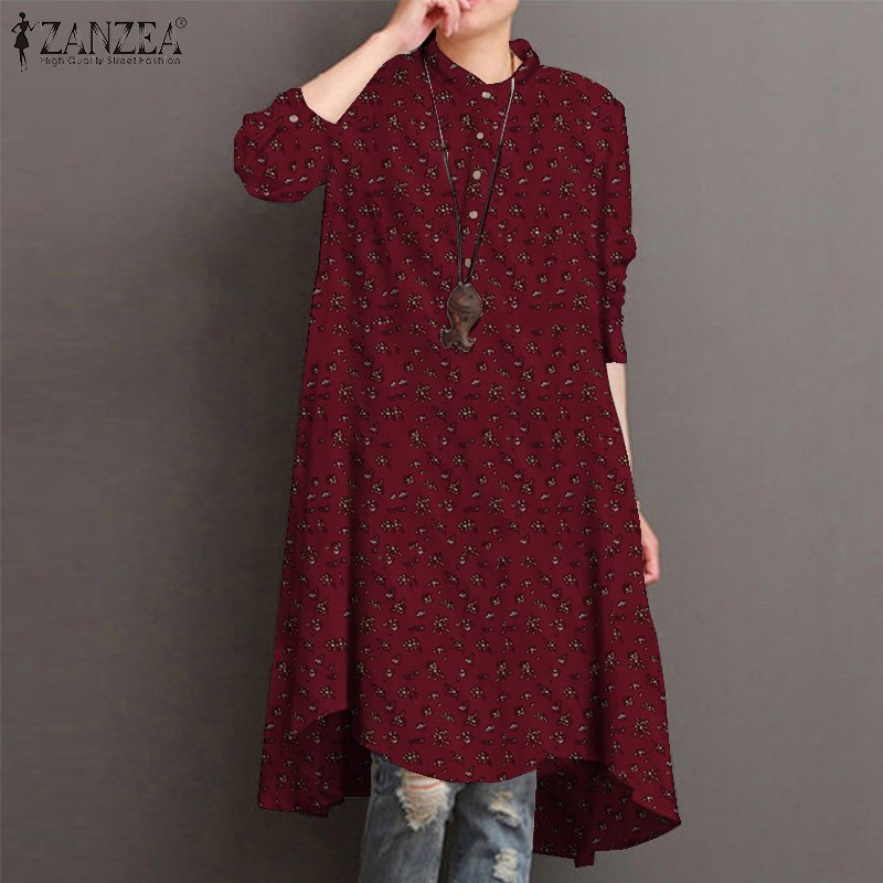 Áo Đầm ZANZEA Cho Nữ Tay Dài Họa Tiết Hoa Cổ Điển Thời Trang Cá Tính