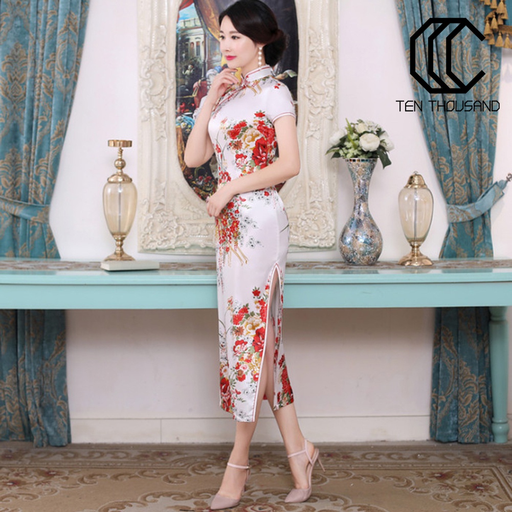 ♋Đầm Sườn Xám Cách Tân Cổ Đứng Xẻ Tà Họa Tiết Hoa Phong Cách Trung Quốc