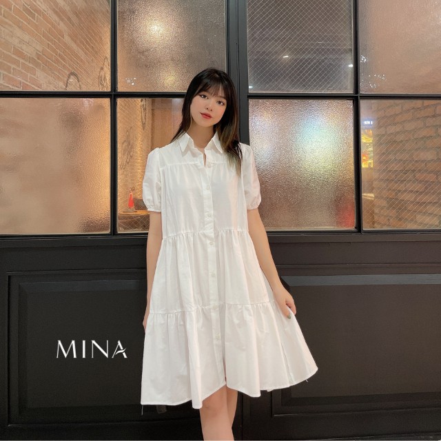 Váy babydoll dáng dài, tay phồng, cổ sơ mi vải thô mịn mát/ Đầm bầu babydoll trắng, hồng, nâu Hàn Quốc (sẵn/ ảnh thật) | BigBuy360 - bigbuy360.vn