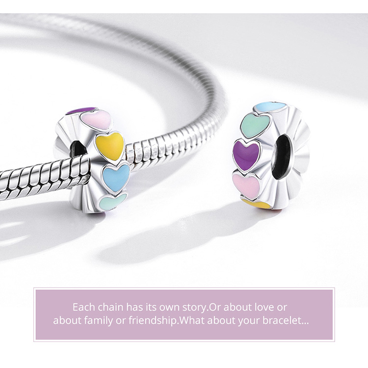 Hạt phụ kiện Bamoer SCC1838 bằng bạc 925 thật với họa tiết trái tim đầy màu sắc dành cho làm vòng tay vòng cổ