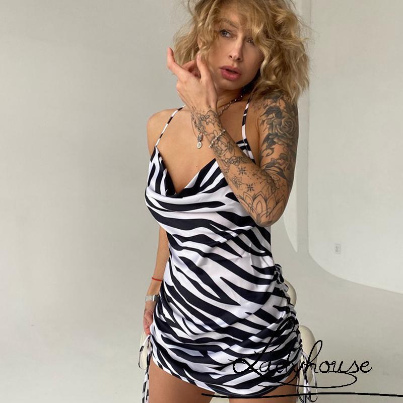 LDD-Women´s Summer Mini Dress, Sleeveless Spaghetti Strap Side Drawstring Leopard/Zebra Print Dress