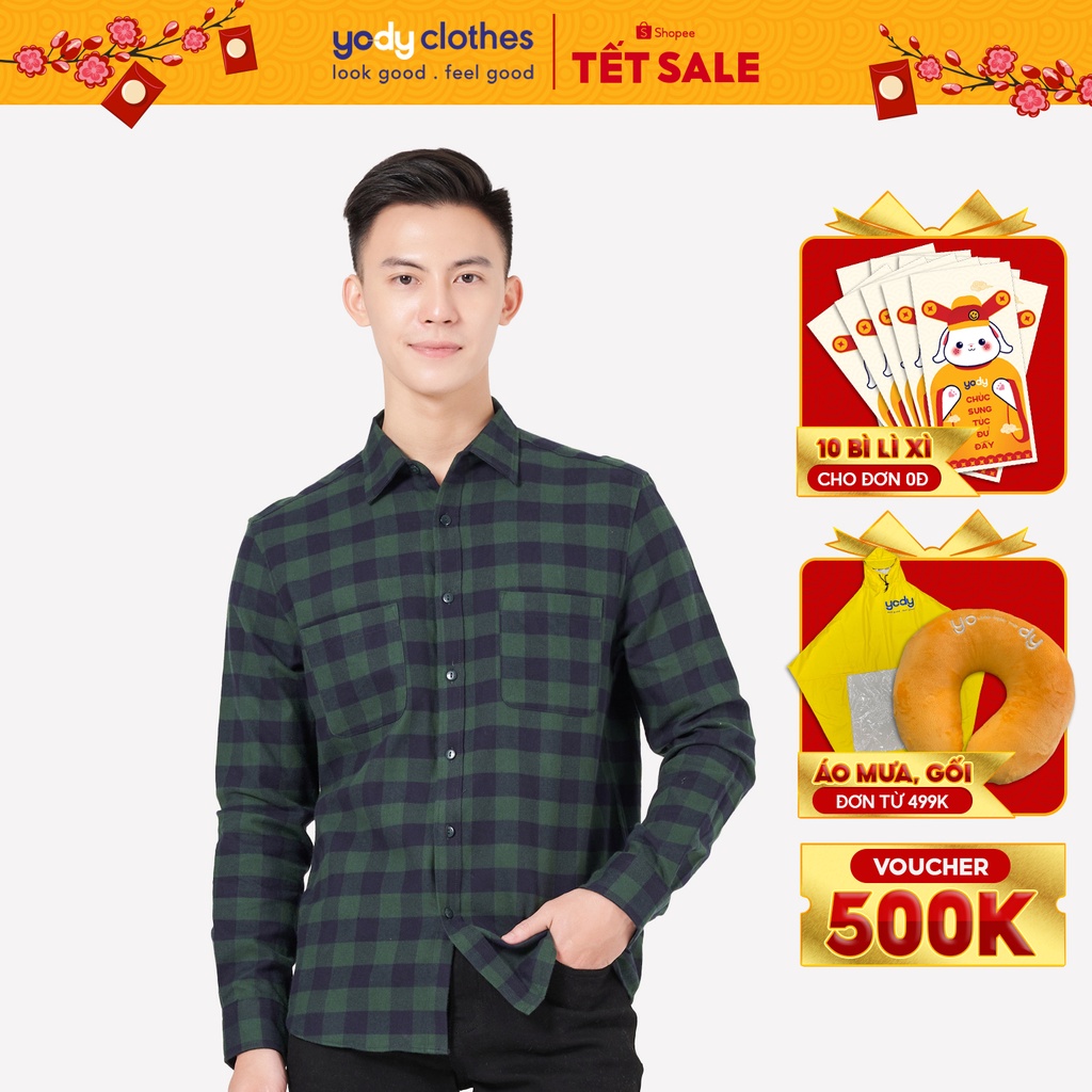 Áo sơ mi nam YODY caro có túi ngực SMM4031