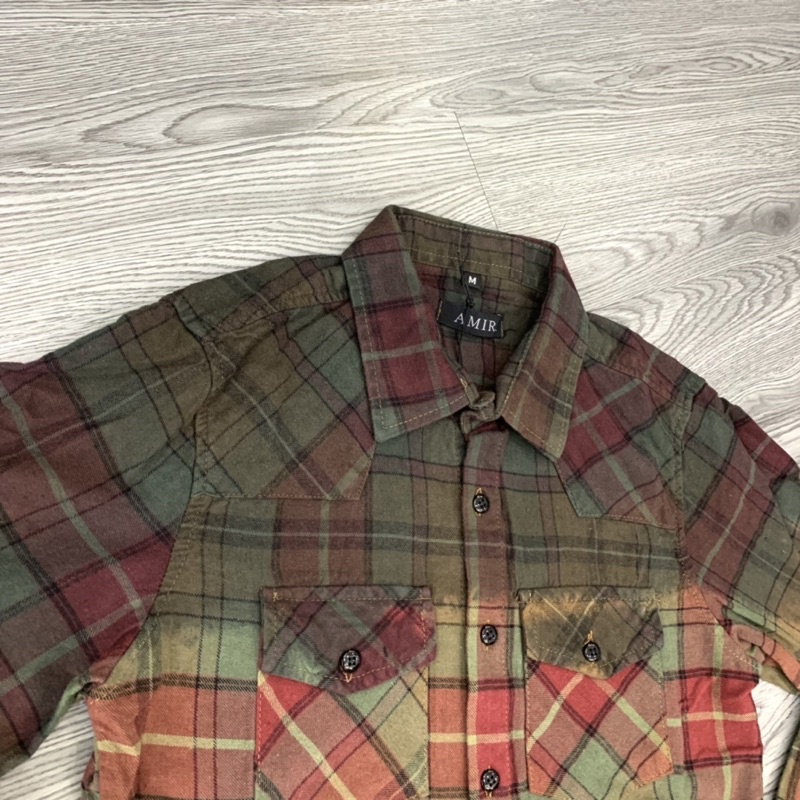 Áo sơ mi kiểu nam nữ Amiri dài tay kẻ đỏ xanh/ nâu nhúng pha màu đen nhạt chất cotton dày dặn cao cấp SM26P