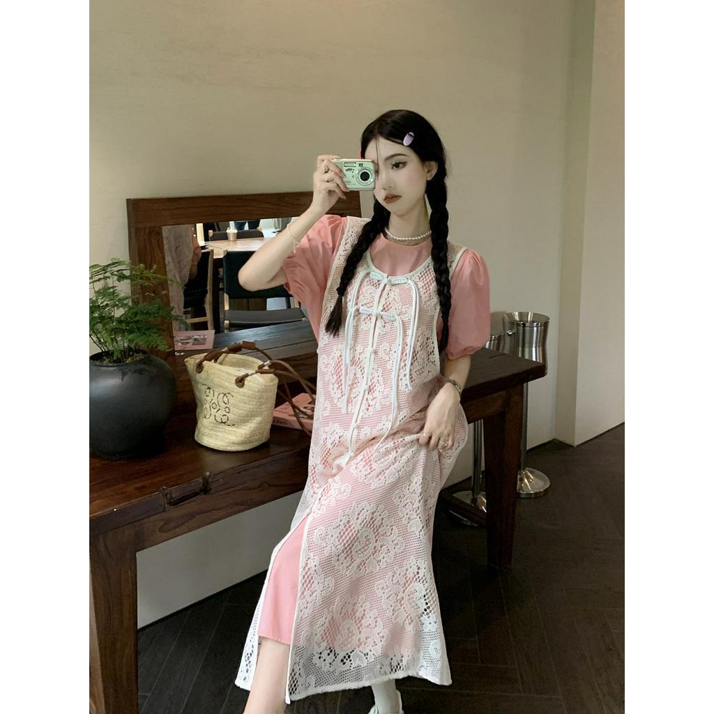 63363 Đầm Sơ Mi Tay Phồng Phong Cách Mới Với Áo Vest Ren Móc